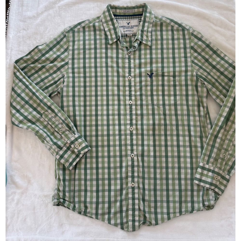 American Eagle Outfitters Mens Large Green Gingham Vintage Fit Button Down Shirt